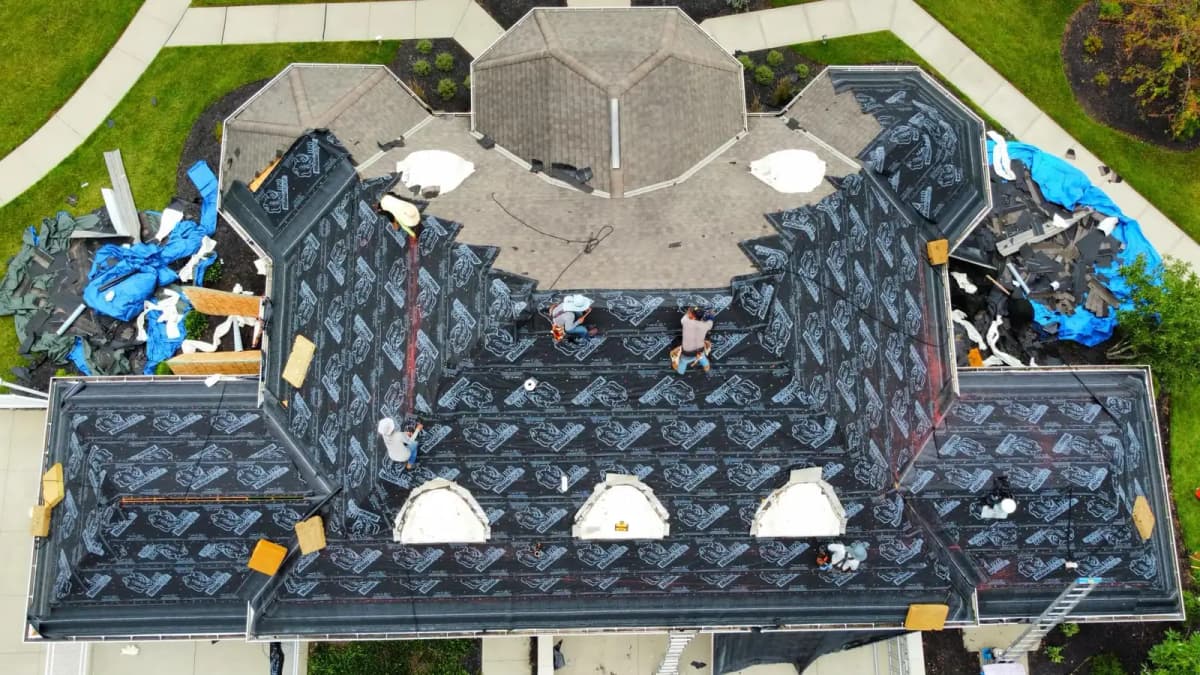 Synthetic underlayment installed across a full roof field in Indianapolis